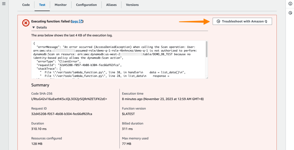 Fehler bei der Ausführung einer Lambda-Funktion