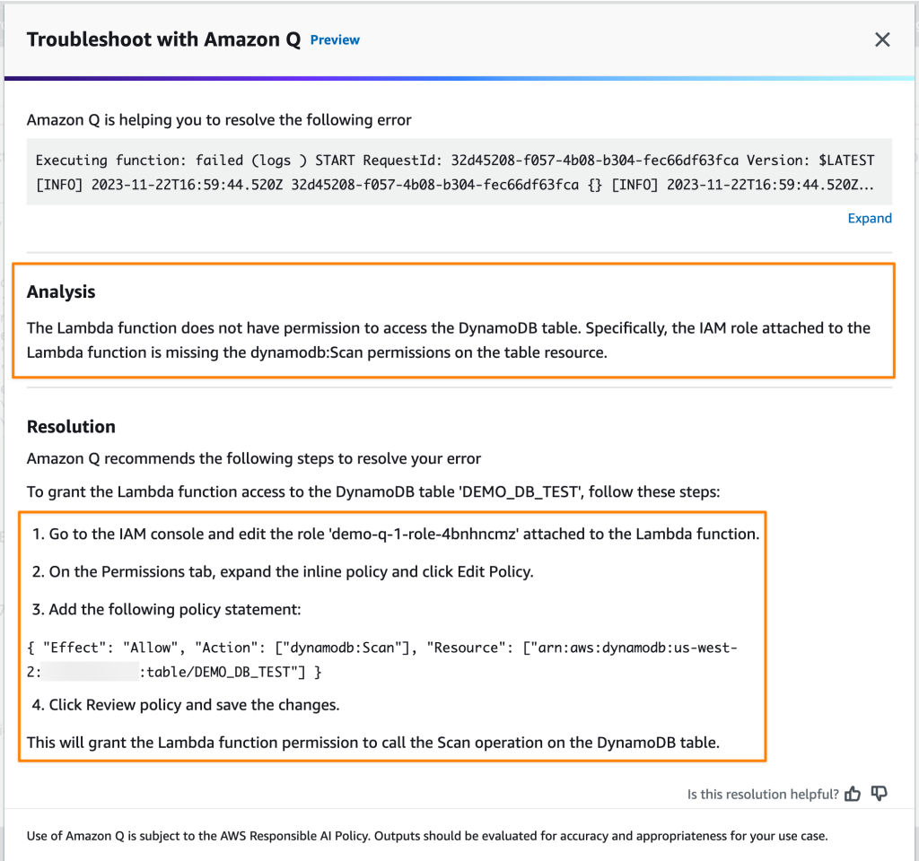 Fehleranalyse und Behebungsvorschläge durch Amazon Q