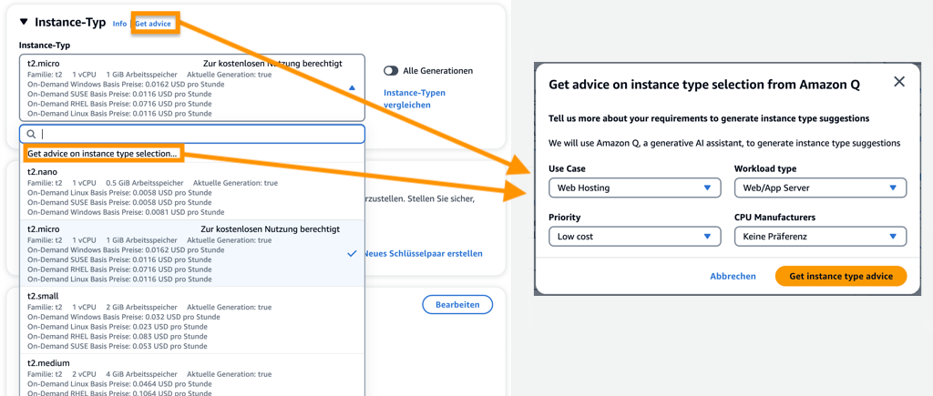 Auswahl eines EC2 Instanz-Typs mit Hilfe von Amazon Q