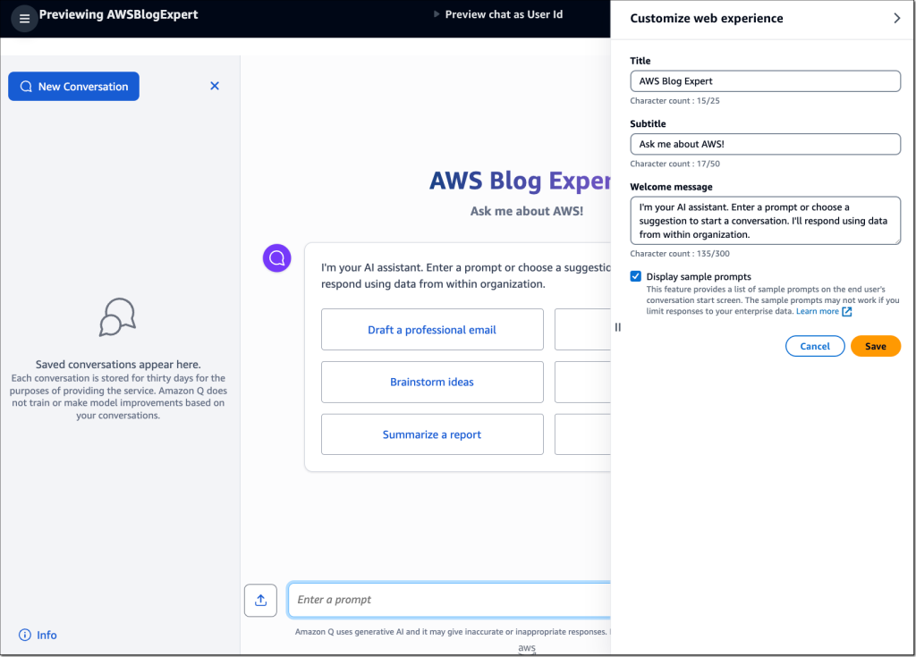 Einstellungen zur Konfiguration des Blog-Experten in Amazon Q