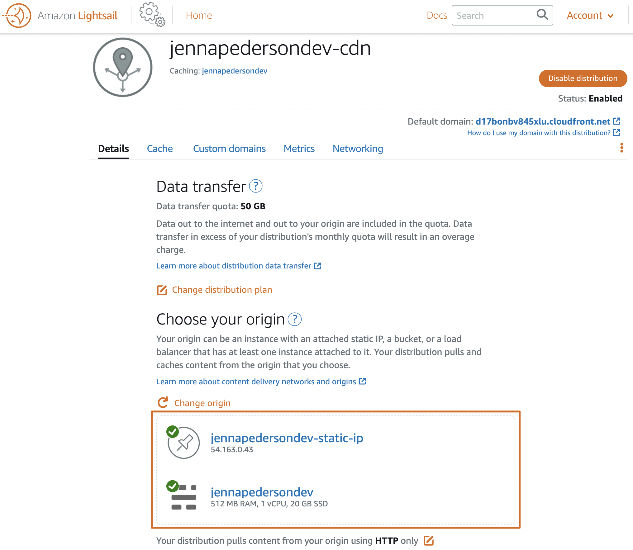 Amazon Lightsail Konsolen-Bildschirmfoto eines Ursprungs für eine CDN-Distribution