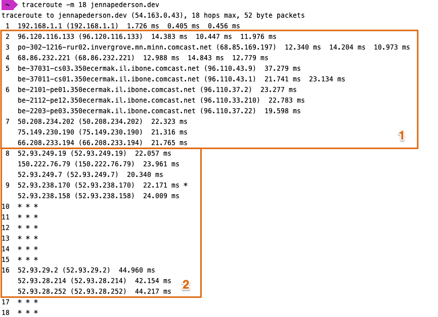Traceroute Bildschirmfoto, verfolgt die Sprünge