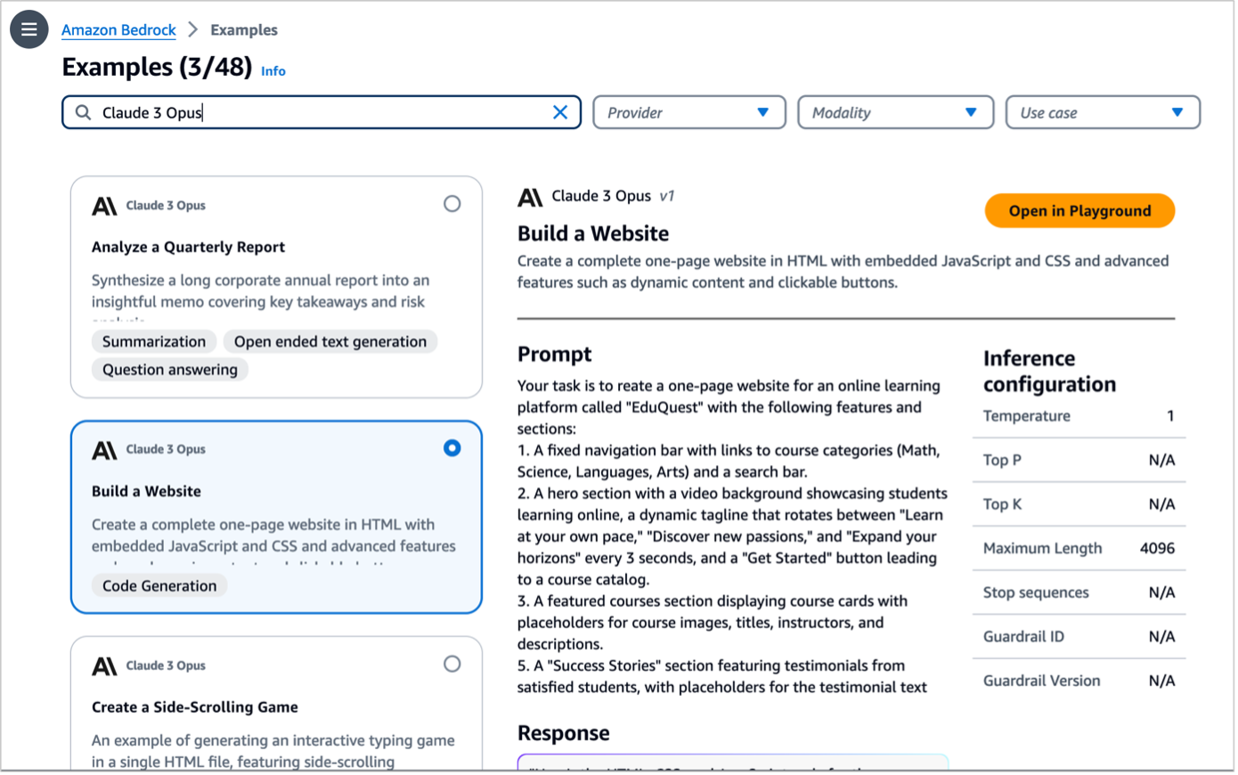 auswahl des beispiels innerhalb von Amazon Bedrock bei der Auswahl eines Claude 3 Opus Beispiels 
