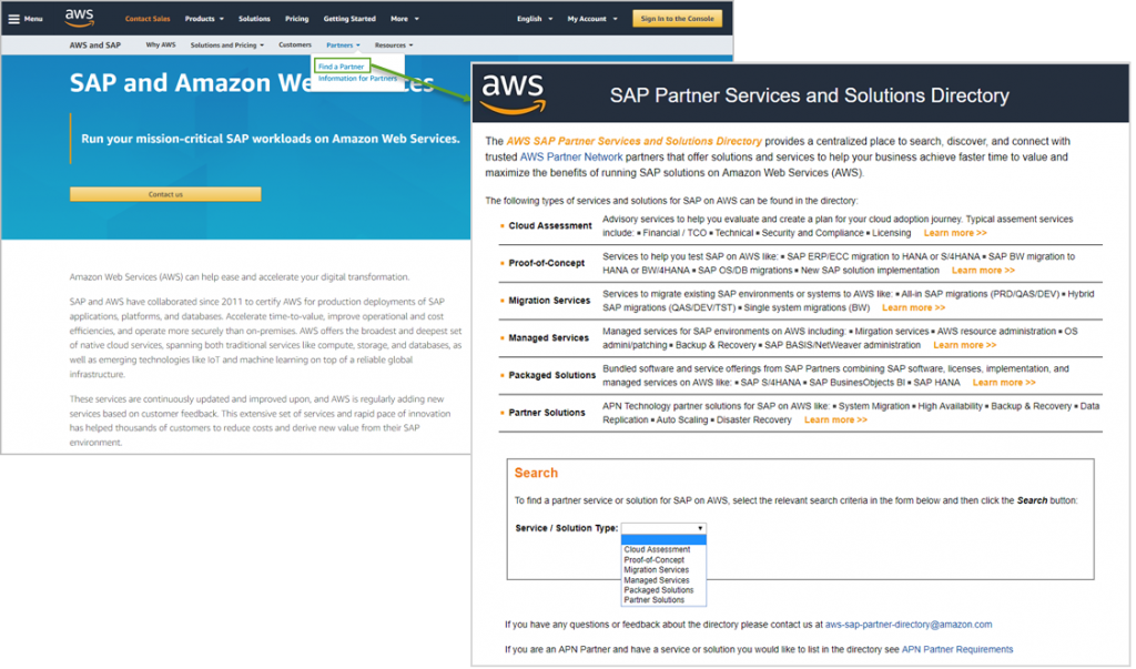 Screenshot of AWS SAP Partner Services and Solutions Directory
