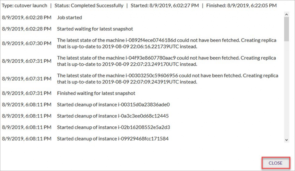 job progress date, time, and status.