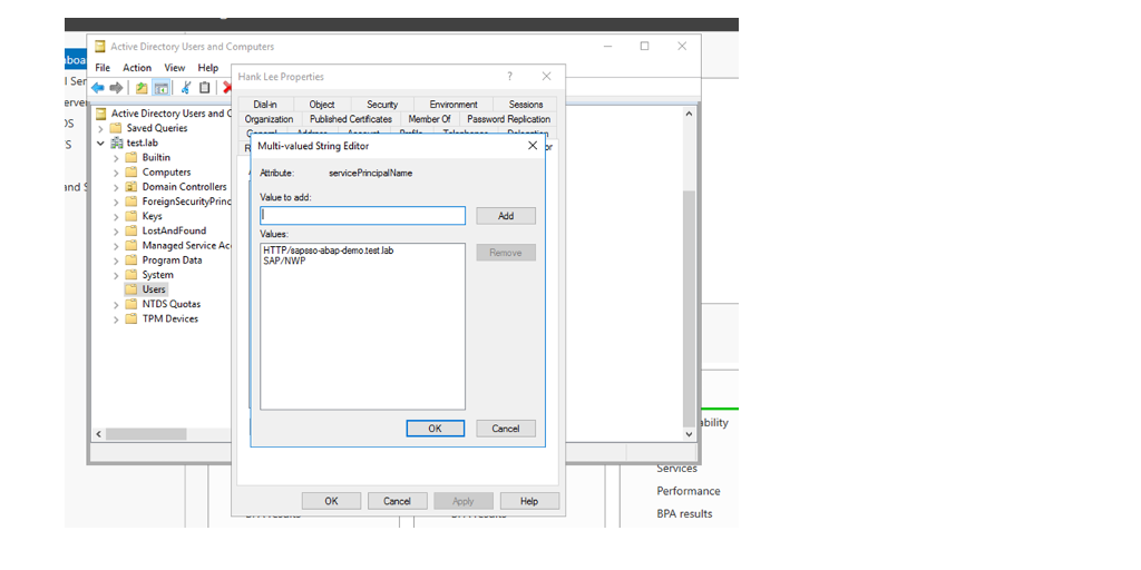 The image shows the step to set up ServicePrincipalName property for Windows domain user.