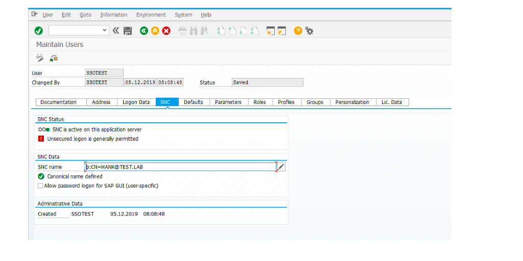 The image shows how to fill in SNC name to map SAP GUI users in T-code SU01.