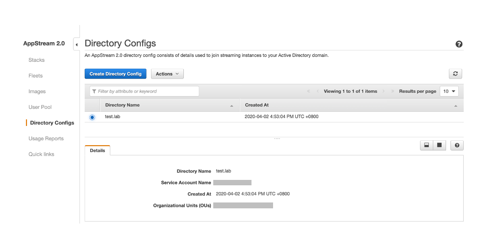 The image shows the Directory Configs in Amazon Appstream 2.0.