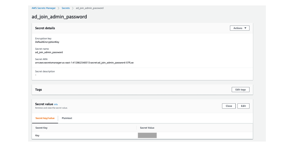 The image shows the password for AWS Managed Microsoft AD admin user. The value is stored in AWS Secrets Manager.