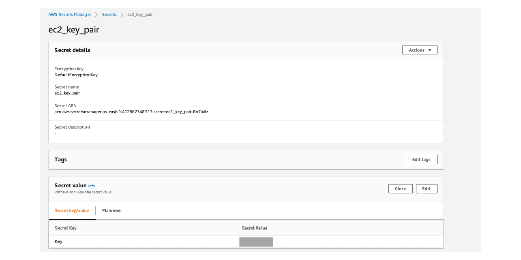 The image shows the Amazon EC2 key pair name. The value is stored in AWS Secrets Manager.