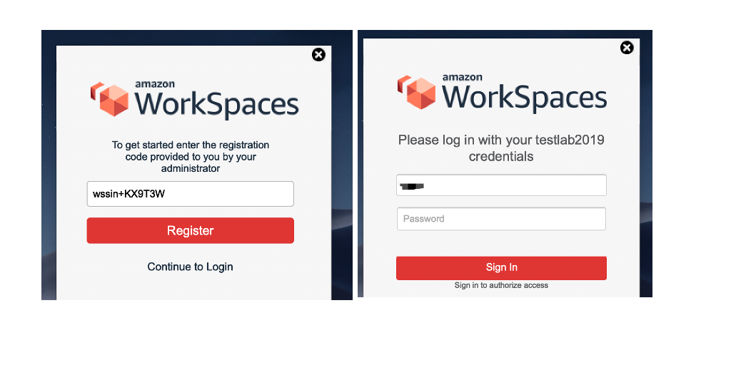 The image shows login page for Amazon WorkSpaces client.