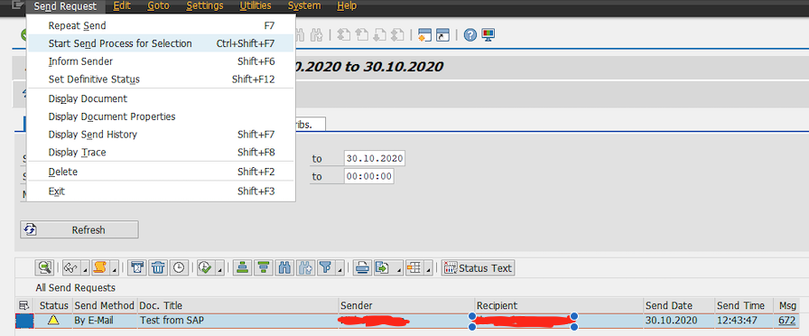 Transaction SOST displaying email in queue