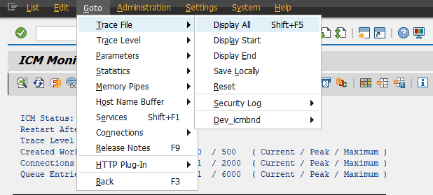 SAP transaction SMICM display trace files menu