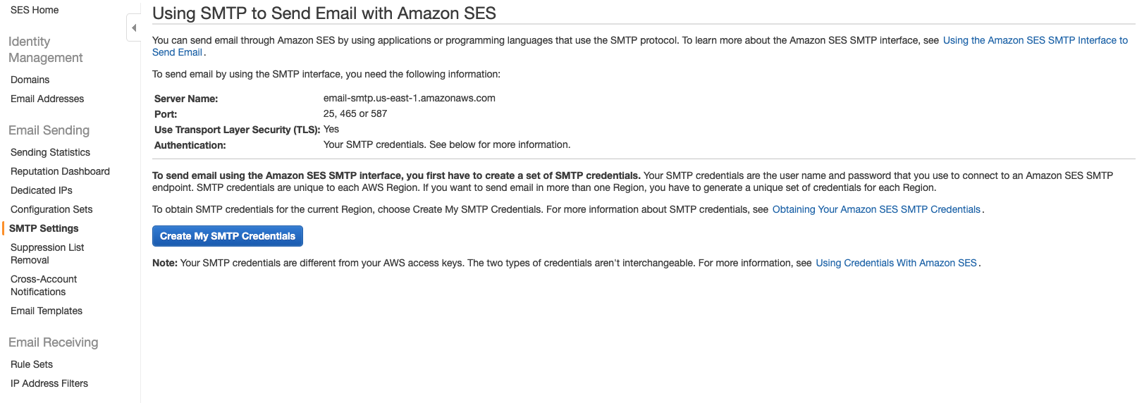 Amazon SES SMTP settings screen
