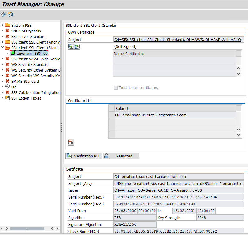 STRUST ssl configuration with imported Amazon certificate