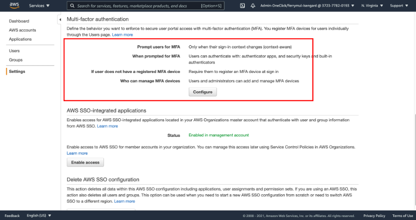 AWS SSO MFA Settings ScreenShot