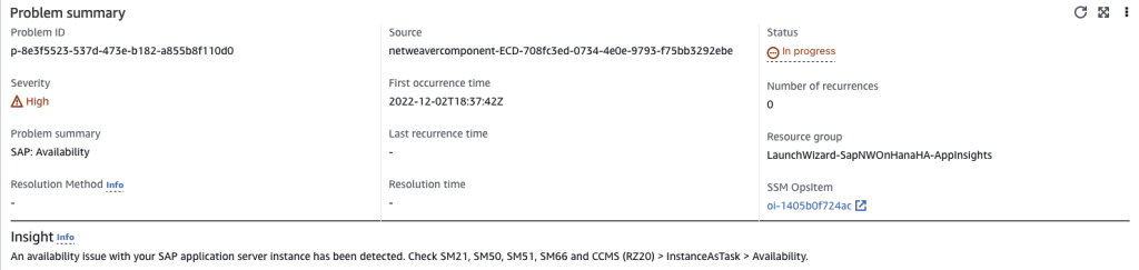 Problem details by Amazon CloudWatch application Insights with possible next steps to identify and resolve the problem