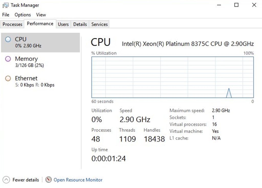 Screenshot of Task Manager showing details of a r6i.4xlarge instance