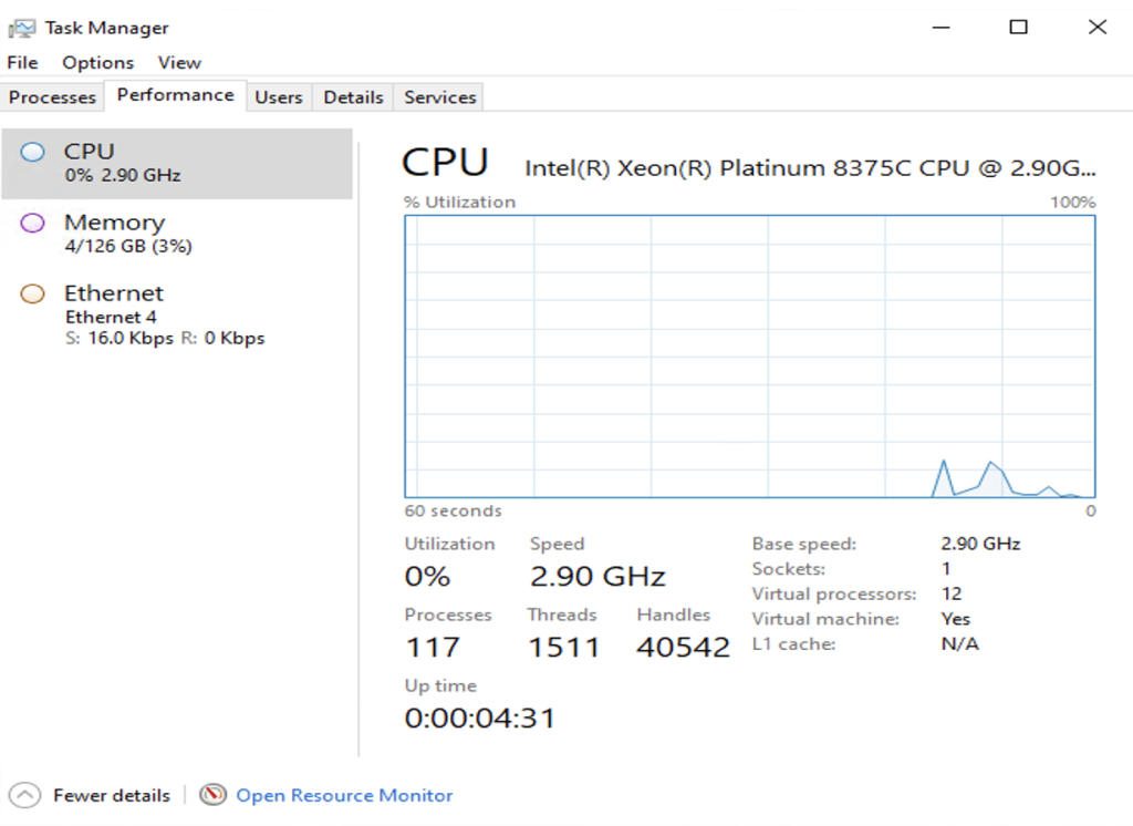 Screenshot of Task Manager showing details of a r6i.4xlarge instance with CPU options specified