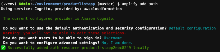 Workflow of amplify add auth command