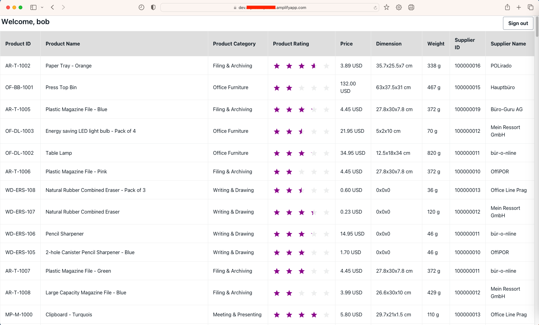 React Application displaying products from SAP