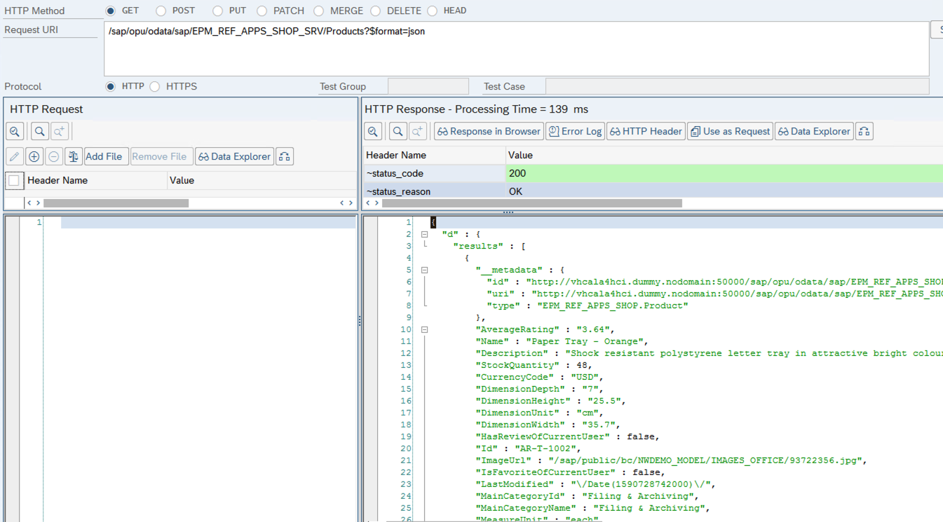 SAP Gateway Client showing output of OData Service