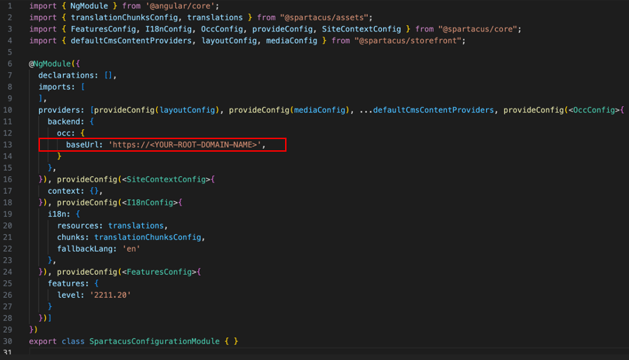 Figure 3: Change the SAP Commerce Cloud baseUrl in SAP Composable Storefront configuration.