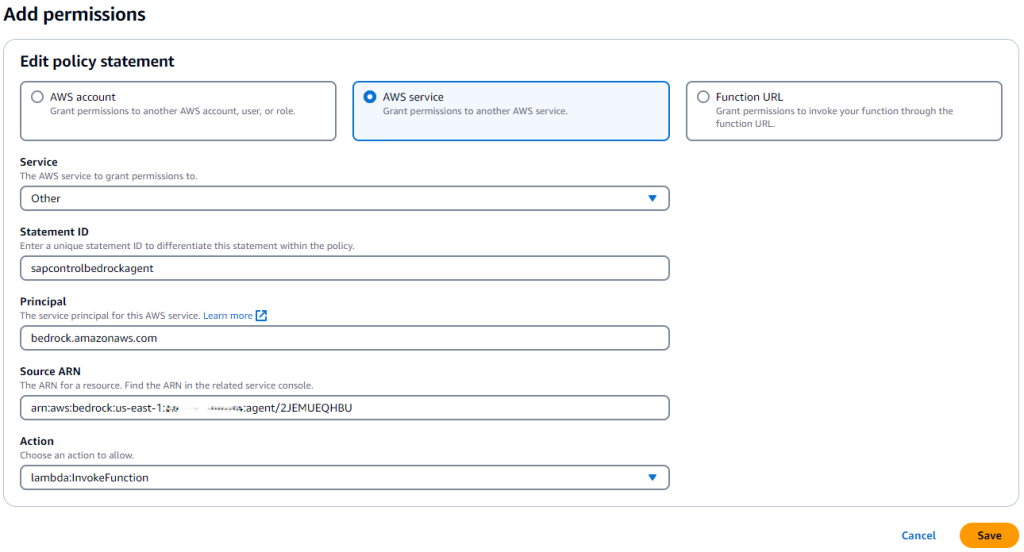 Figure 26 - Add Amazon Bedrock Agent to be able to invoke Lambda function