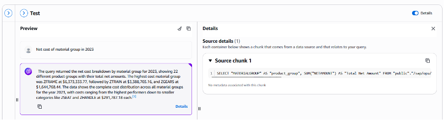 図17. 質問とSQL生成を使用したBedrock Knowledge Basesのテスト