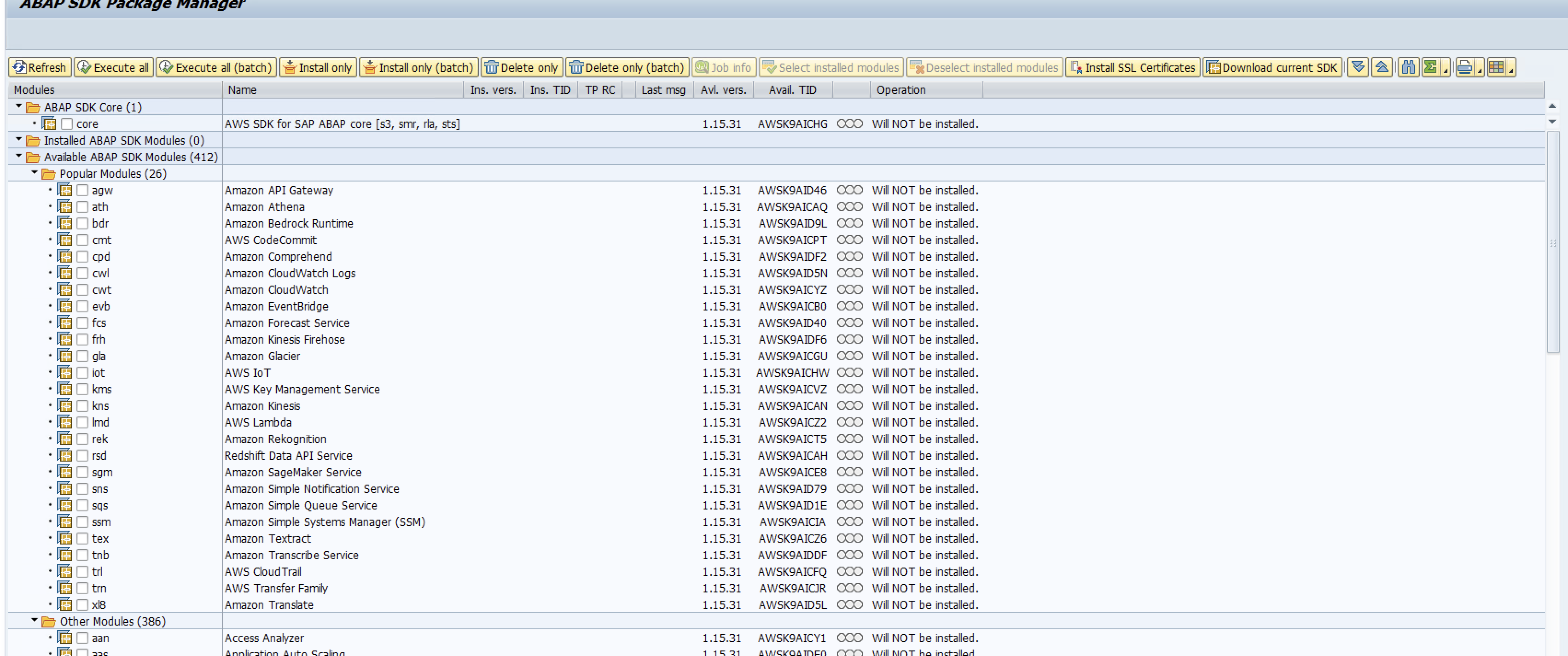 最も人気のあるモジュールをリストするサブフォルダーを含む「Available ABAP SDK Modules」を示す画像