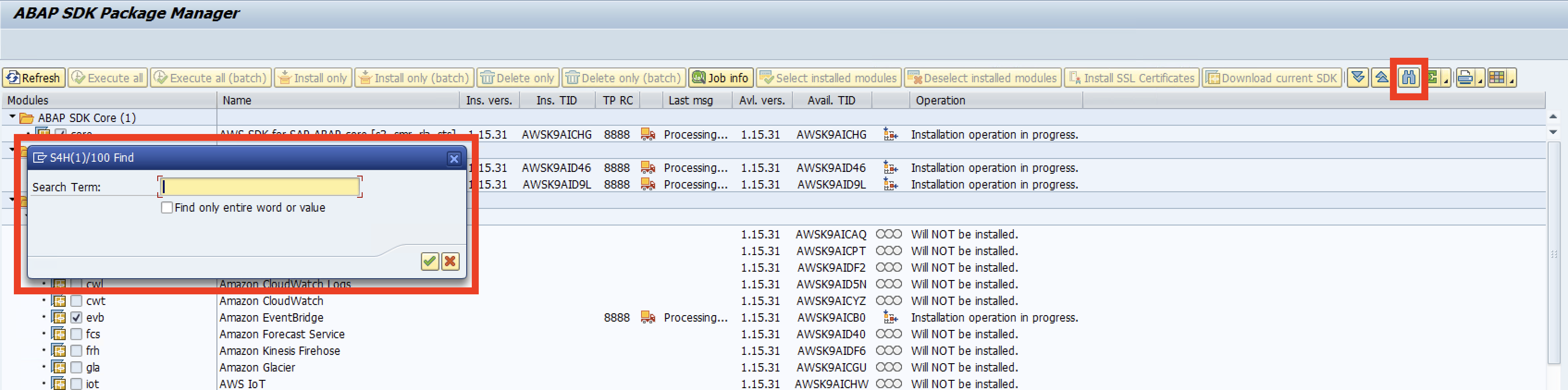 虫眼鏡/拡大鏡ボタンの場所と、それが呼び出す検索ダイアログを示す画像