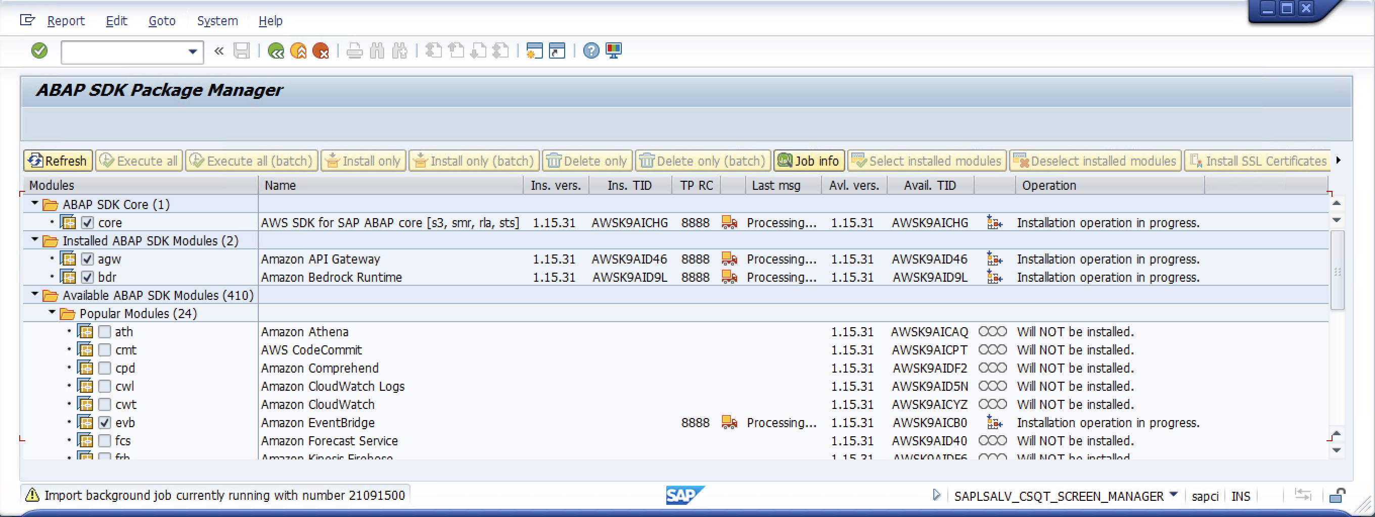 「core」、「agw」、「bdr」、「evb」モジュールのインストールを現在バックグラウンド処理しているABAP SDKインストーラーを示すスクリーンショット