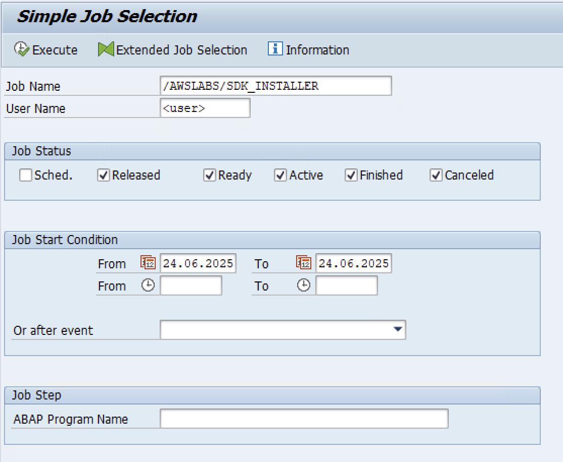 トランザクションSM37でレポートのバッチプロセスインスタンスを見つける方法のスクリーンショット