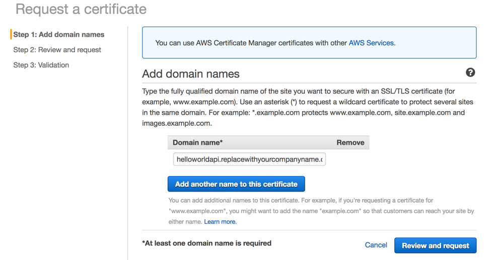 Amazon Certificate Manager request new certificate