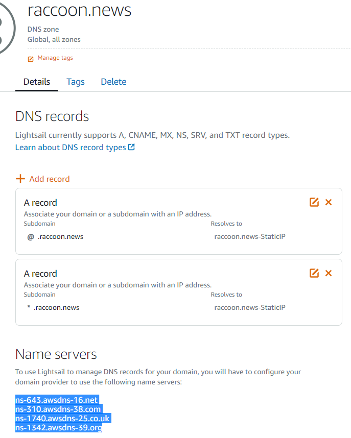 DNS zone in Lightsail with two A records