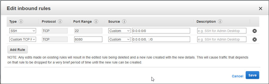 select the associated security group so we can modify the inbound rules to allow TCP accesses on port 8080 