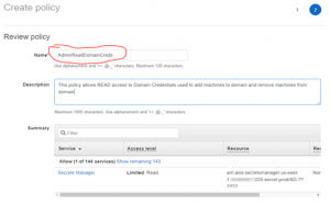 Screenshot of review policy. Name AdminReadDomainCreds
