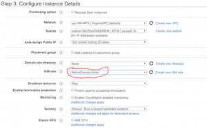 Screenshot of Configure Instance Details. IAM role as AdminDomainJoiner