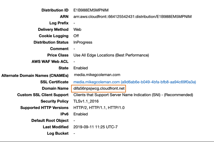 Screenshot showing the domain name highlighted in the distribution details