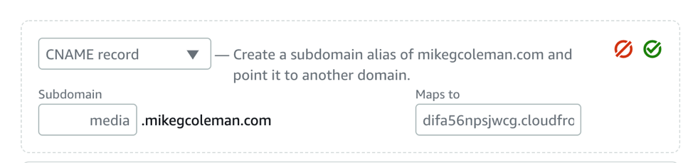 Screenshot of the completed DNS CNAME record