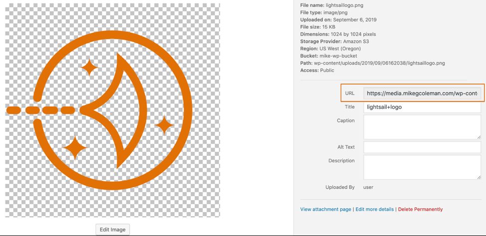 Screenshot highlighting the URL of the S3 asset
