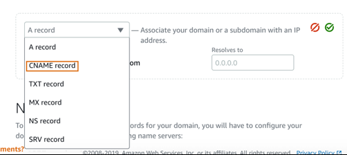 Screen shot showing CNAME record selected in dropdown box
