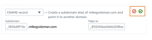 screen shot showing where the green checkmark is and completed domain record