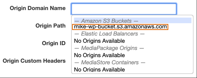 Screenshot of the S3 bucket selected from the Origin Domain Name dialog
