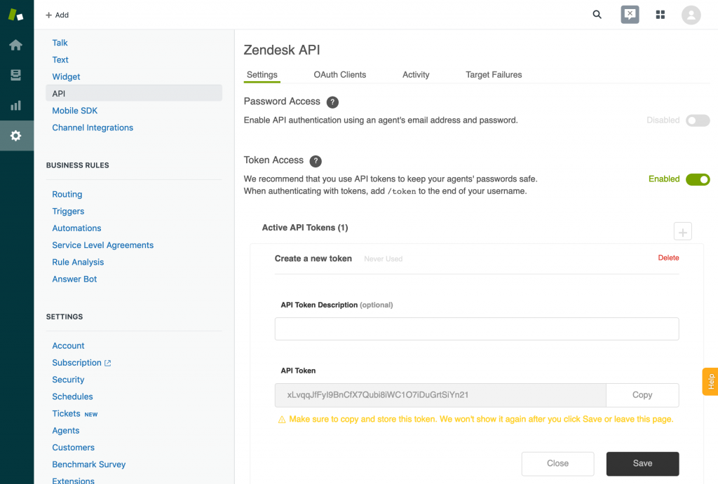 Creating a Zendesk API token