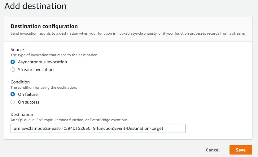 Enter a Destination Lambda function ARN, and choose Save