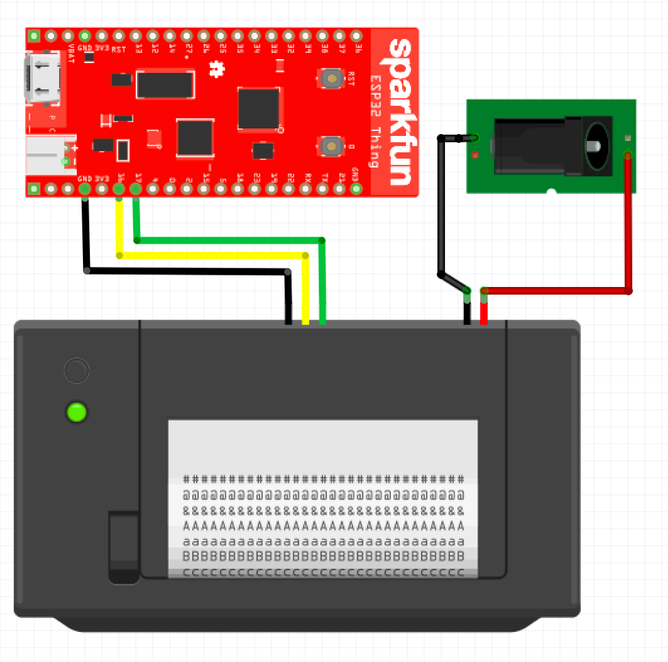 A wiring diagram depicting an ESP32 connected to a thermal printer.