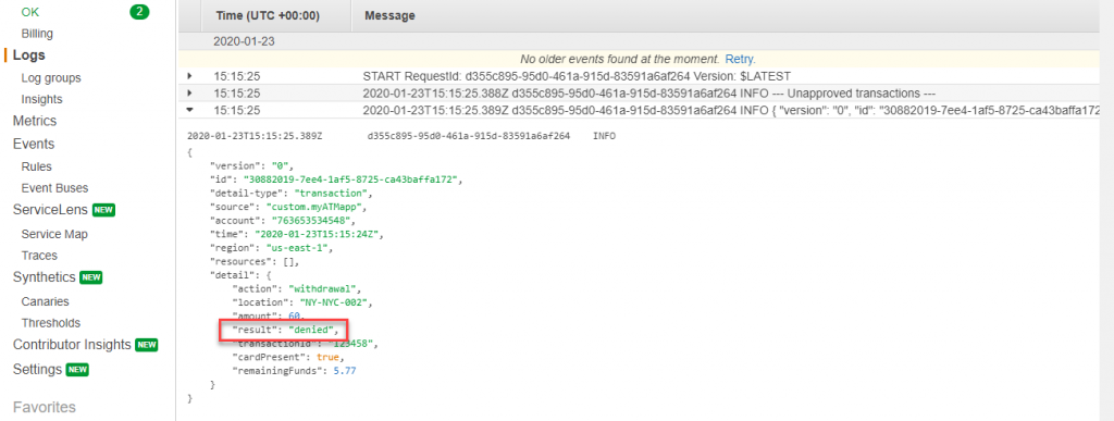 Denied transaction in logs
