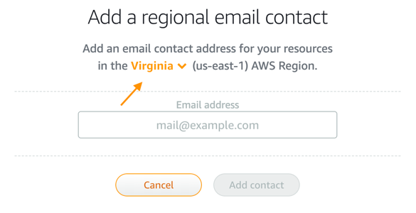 Image showing the location of the region drop down on the add regional email contact dialogue box