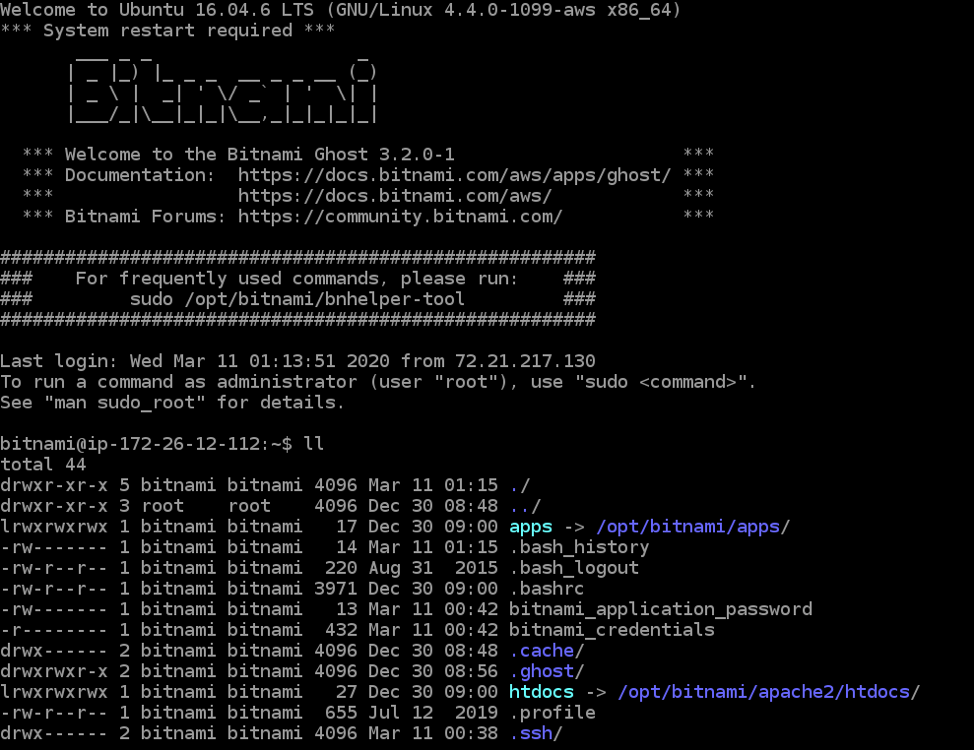 After SSHing into your Lightsail blueprint instance, you'll see a bitnami_credentials file in your home directory.